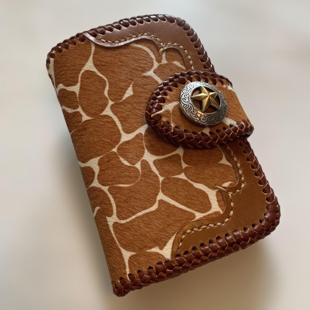 ハンドメイドレザークラフトキリン柄ハラコ牛革茶色ミドルウォレット牛レース編み茶色