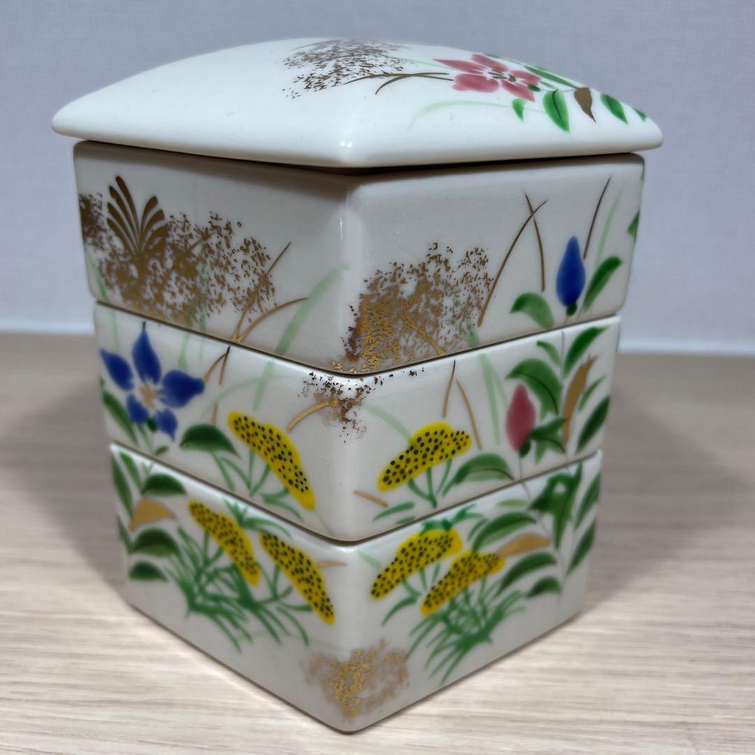 値下げ【昭和】五角形　陶器　三段　かさね重　合格縁起物