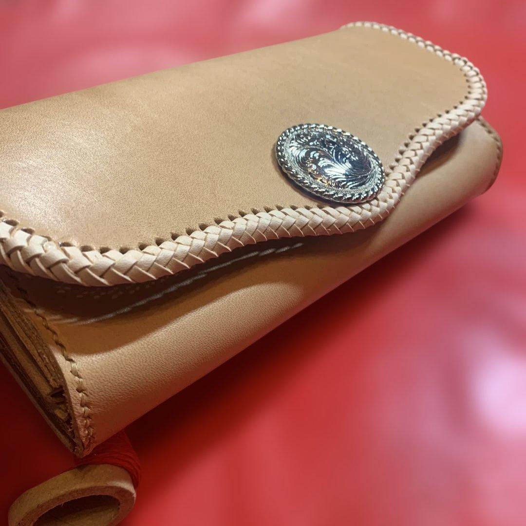 ハンドメイドレザークラフトヌメ革牛レース編み長財布　ヌメ革長財布