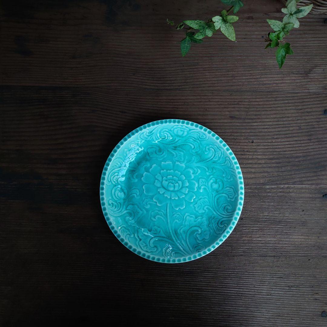【ご成約】淡路珉平焼 ターコイズブルーと翡翠色の7寸皿 2枚 骨董 アンティーク