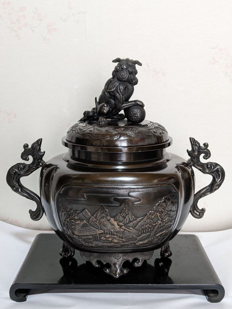 ♦香道具 獅子飾り 山水瓔珞紋様 龍双耳阿古柁形 大香炉 高岡銅器 高さ27cm