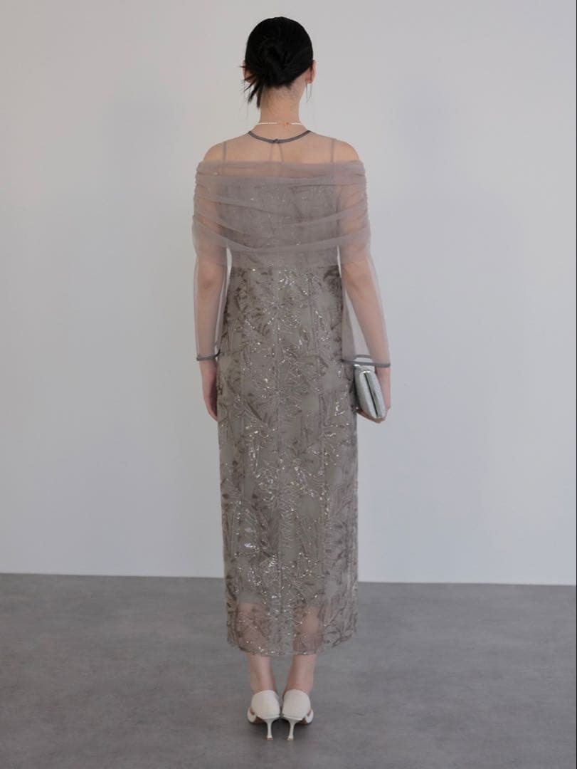 チュールオフショルダー花柄Iラインワンピースドレス結婚式二次会パーティー成人式