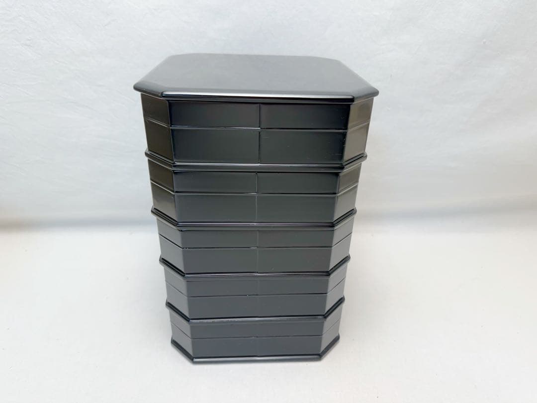 ほぼ未使用 茶道具 木製 黒真塗 五段縁高重 元箱