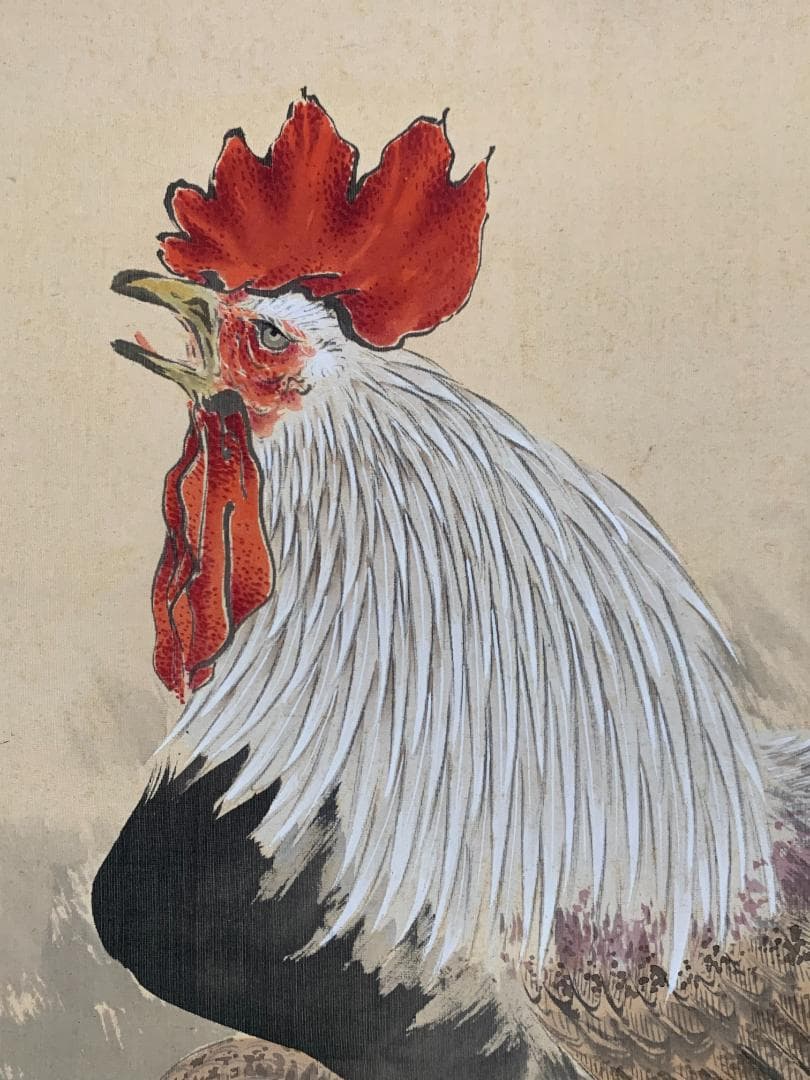 文鶏 旭日に双鶏図 絹本 肉筆 掛軸 日本画 571