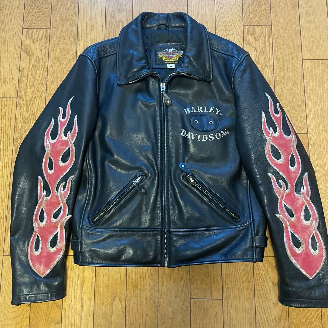 レア人気】ハーレー革ジャンレザージャケットMサイズファイヤー刺繍
