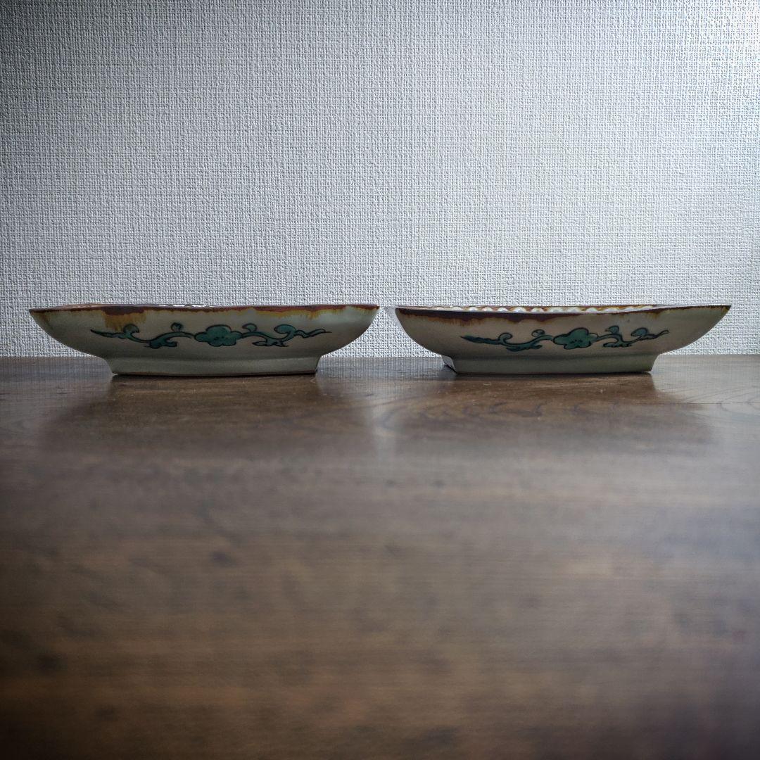 変形皿　角皿　舟形　古九谷　色絵付　鳥　明治　大正　銘　角福　二枚　上物　イ号