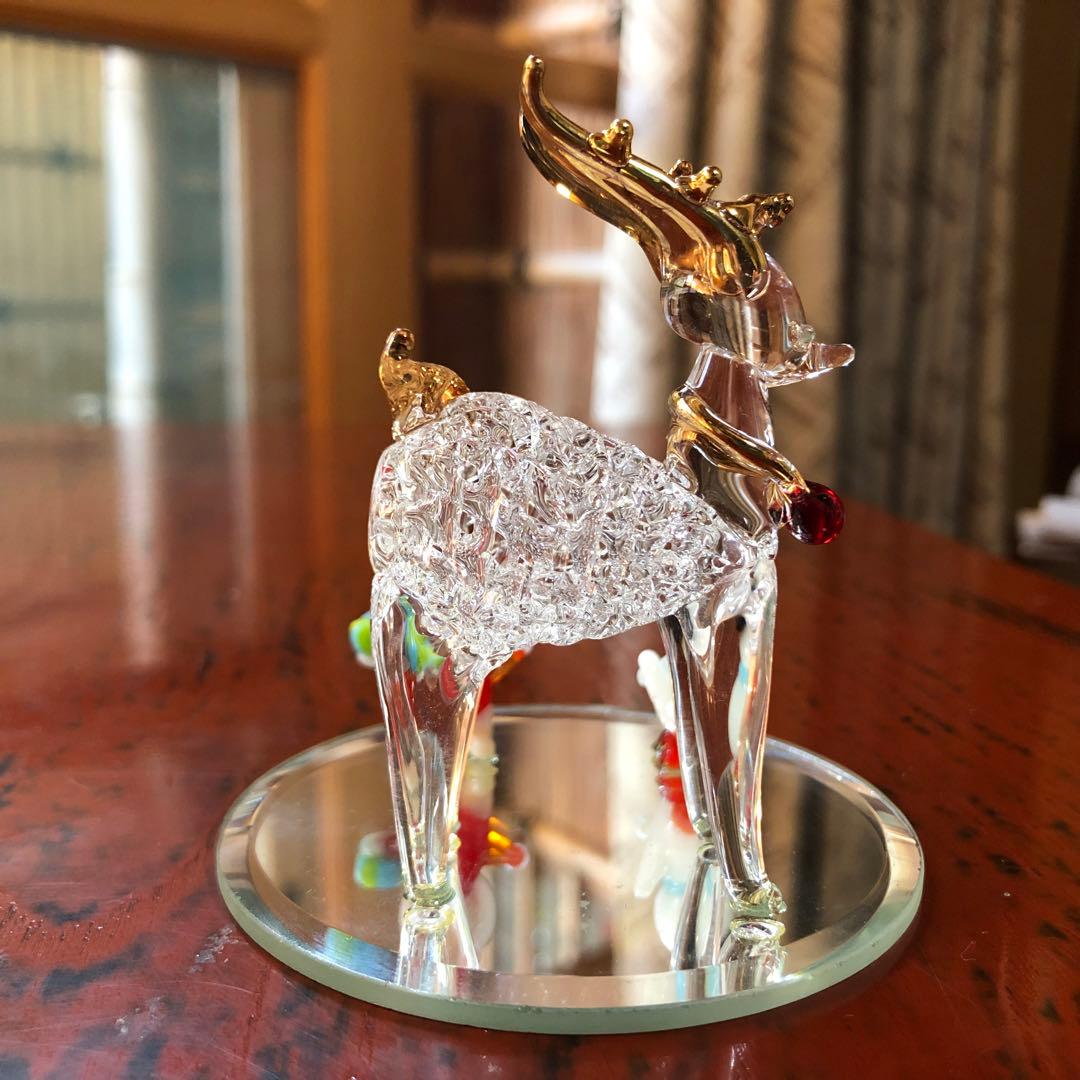 クリスタル ガラス細工トナカイと雪だるまとサンタのミラー置物