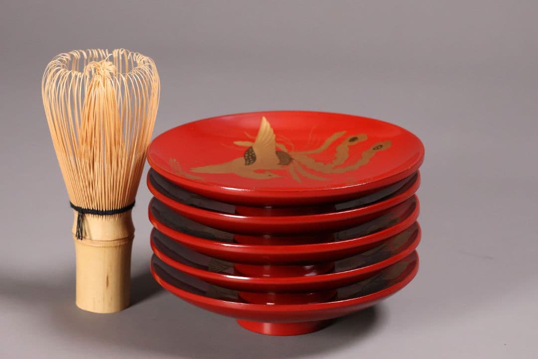 【CM243】時代木製漆器 桐鳳凰・菊 金蒔絵 朱塗 引盃 五客 木製漆器 小皿