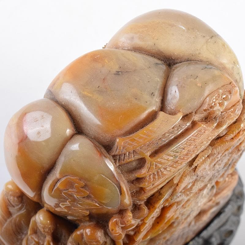 中国玉石彫刻山水人物刻床飾置物在銘唐木台付KR7727