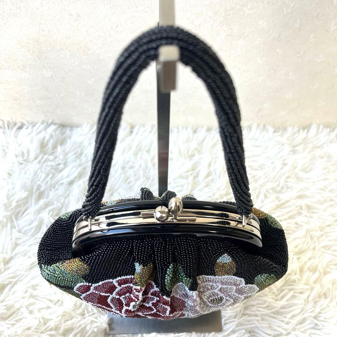ビーズバッグ　和装バッグ　和装小物　花柄　美品　がま口