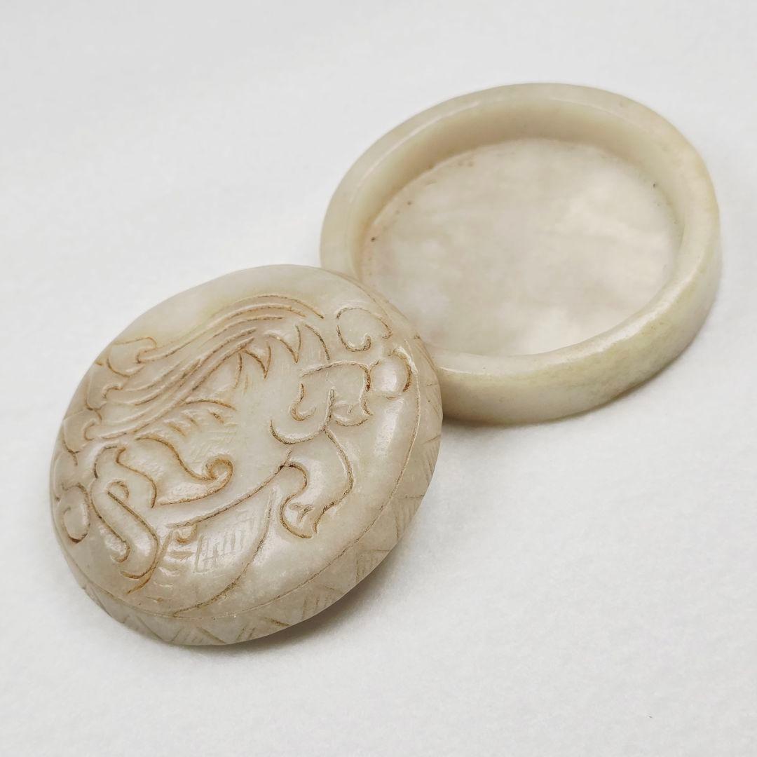 骨董品 茶道具 本物和田白玉 手彫 明清 夔鳳紋 香合 粉合