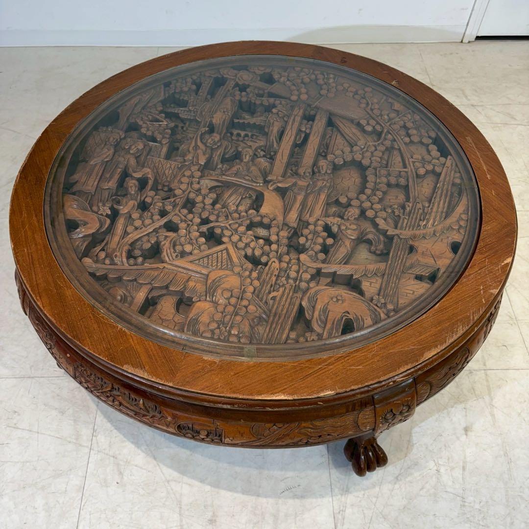 アンティーク彫刻家具 座卓 ちゃぶ台 猫脚 骨董 中国 ローテーブル