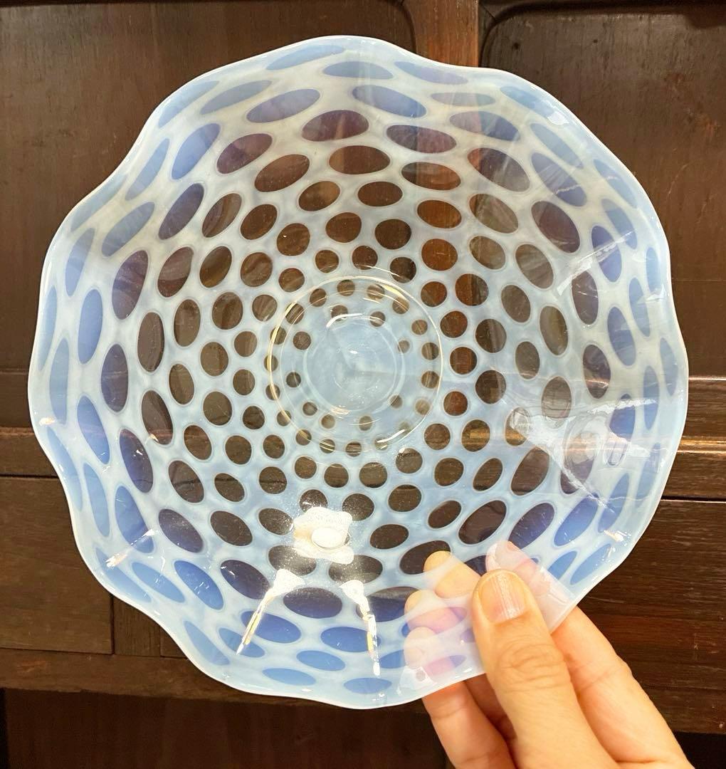 骨董 時代ガラス フリル 水玉紋 乳白色 オパールセント 氷皿 プレート1客
