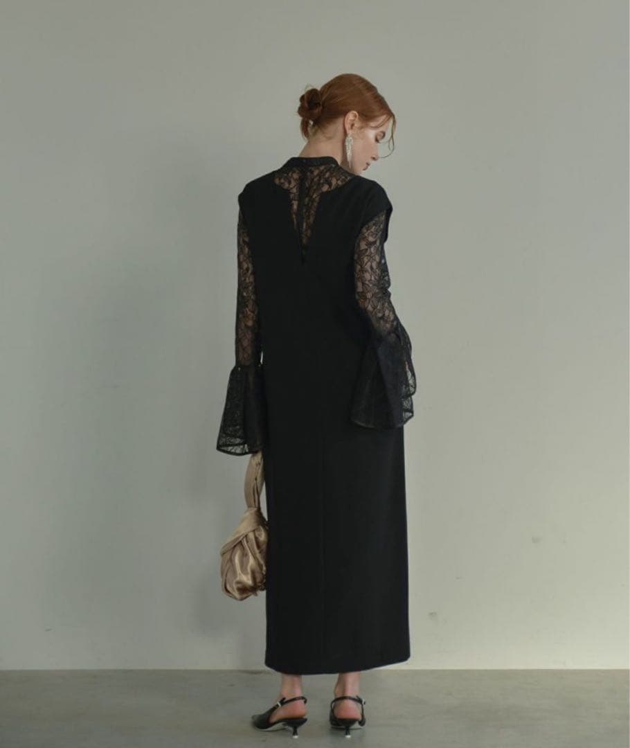 ANDRESD bell sleeve slit dress L brown ANDRESD bell sleeve slit