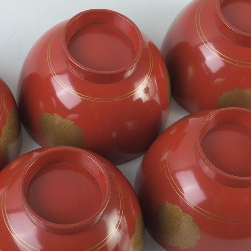 和食器　時代漆器　塗師　長野横笛作　金襴手花蒔絵　吸物椀　五客　共箱　C9788