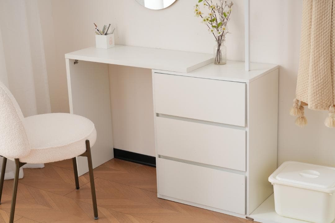 3段キャビネット+幅調整デスク+ ハンガーラック+ラック化粧台 デスク木製