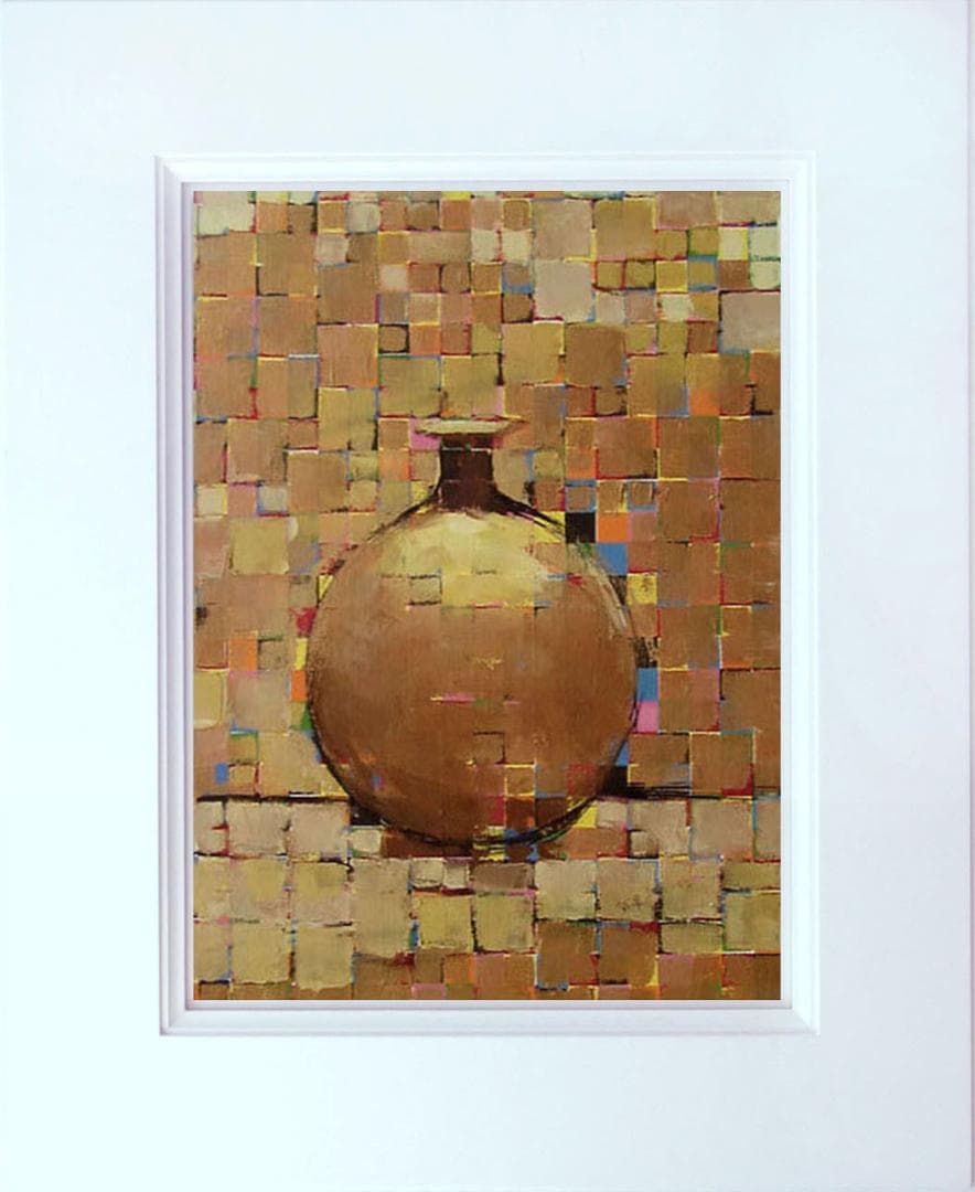 油絵 菅家令子絵 絵画インテリア額付(青緑＋金色の枠)uF6-060603花瓶壺