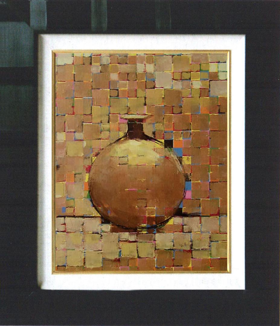 油絵 菅家令子絵 絵画インテリア額付(青緑＋金色の枠)uF6-060603花瓶壺