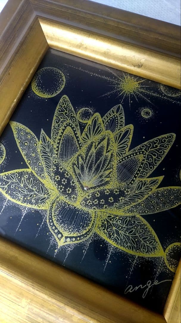 点描アート 黄金の蓮（フレーム込み）