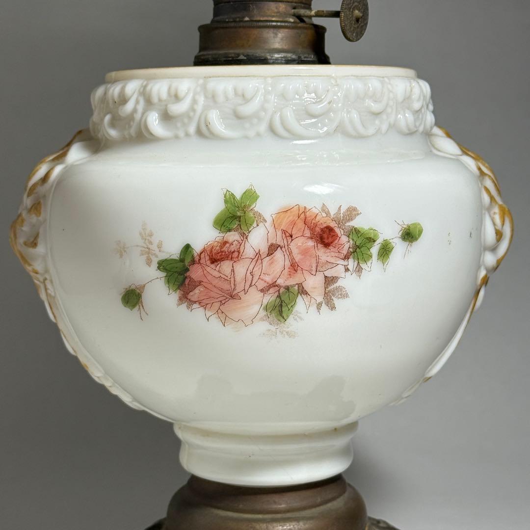 ◇希少 置きランプ 雷文擦り硝子火屋 ガラス絵乳白硝子オイル壺 明治時代◇