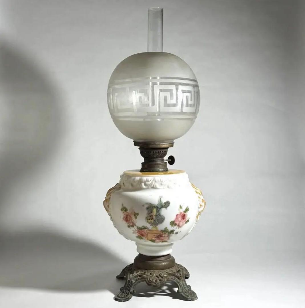 ◇希少 置きランプ 雷文擦り硝子火屋 ガラス絵乳白硝子オイル壺 明治時代◇