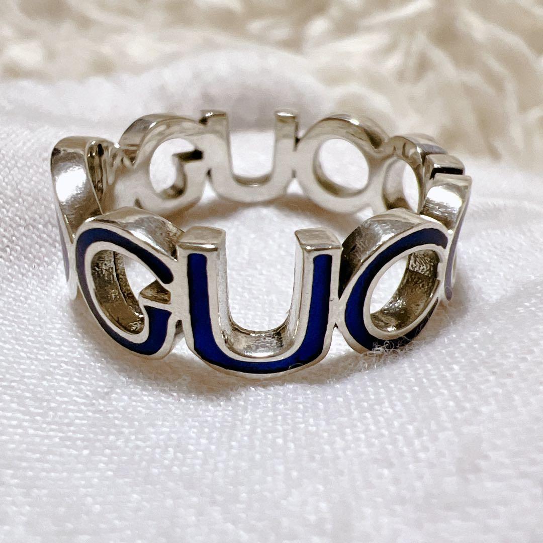 《極美品》グッチ インターロッキングG エナメルリング 青 シルバー ロゴ
