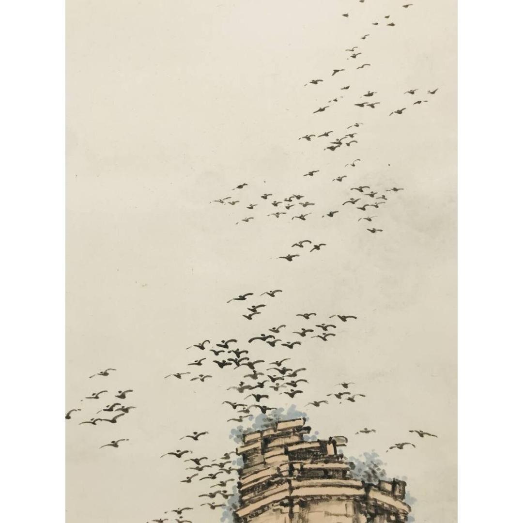 真作/高橋来潮/枯木寒鴉図/中国古塔/晩秋の掛軸/掛軸☆宝船☆AK-418