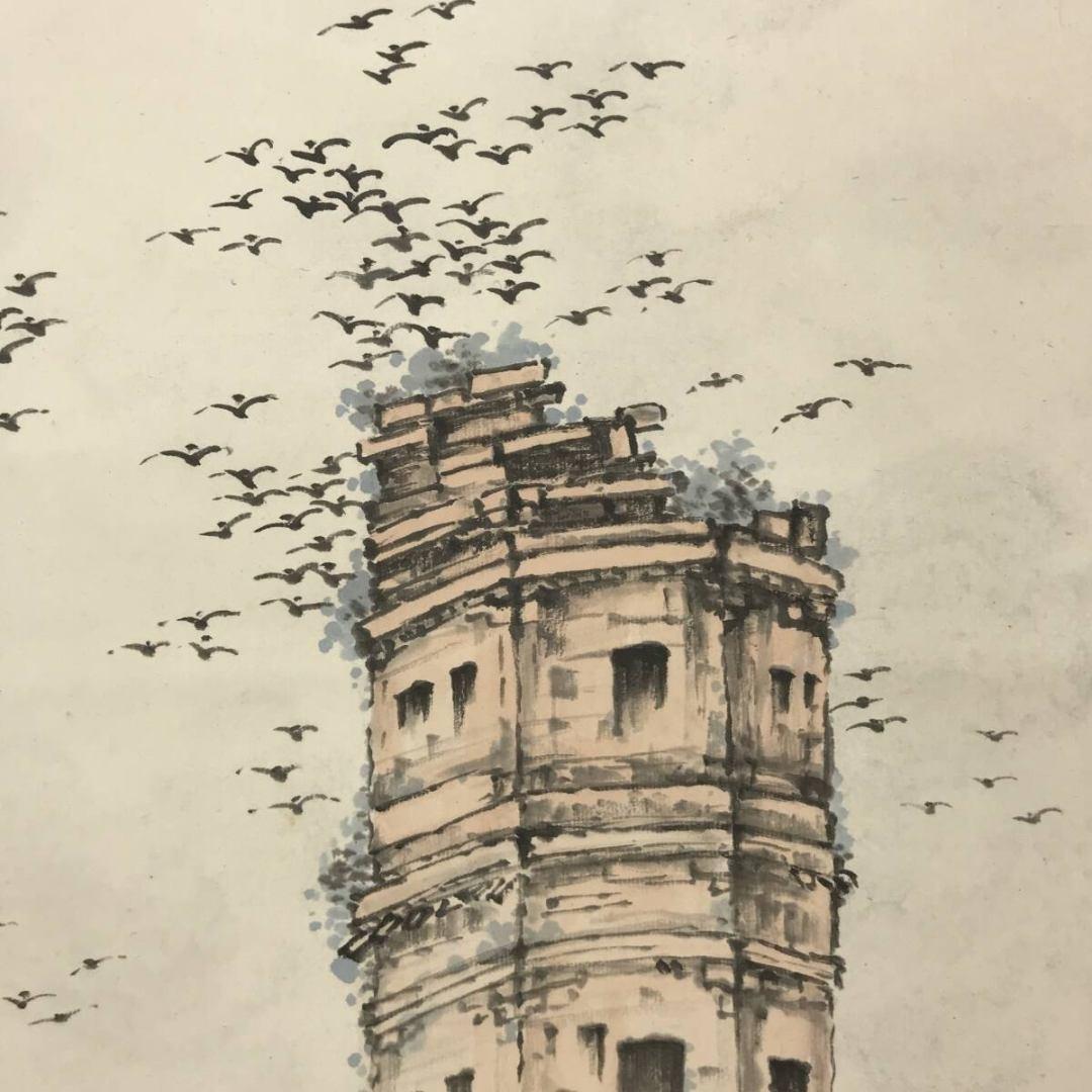 真作/高橋来潮/枯木寒鴉図/中国古塔/晩秋の掛軸/掛軸☆宝船☆AK-418