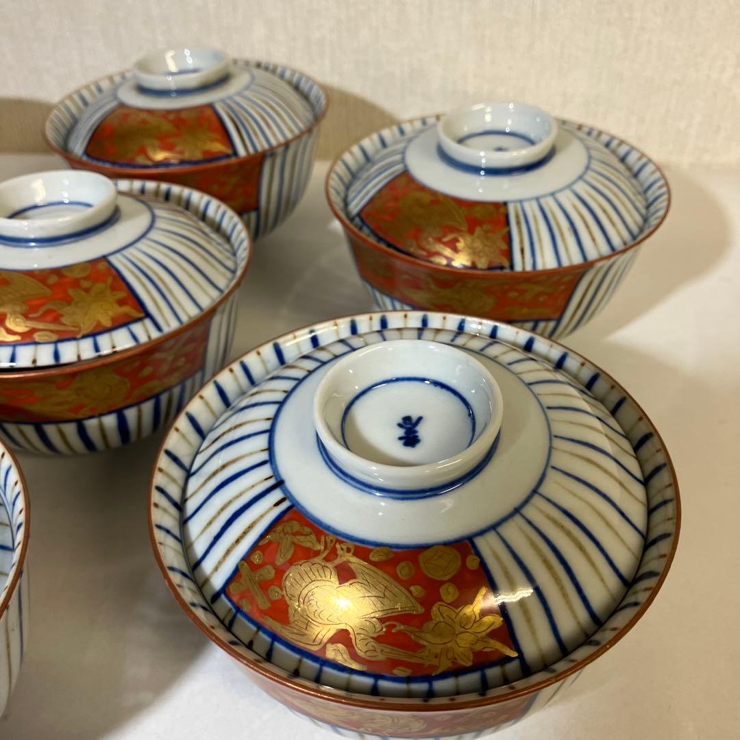 九谷焼骨董蓋付き茶碗７客「赤地金彩麦わら手」