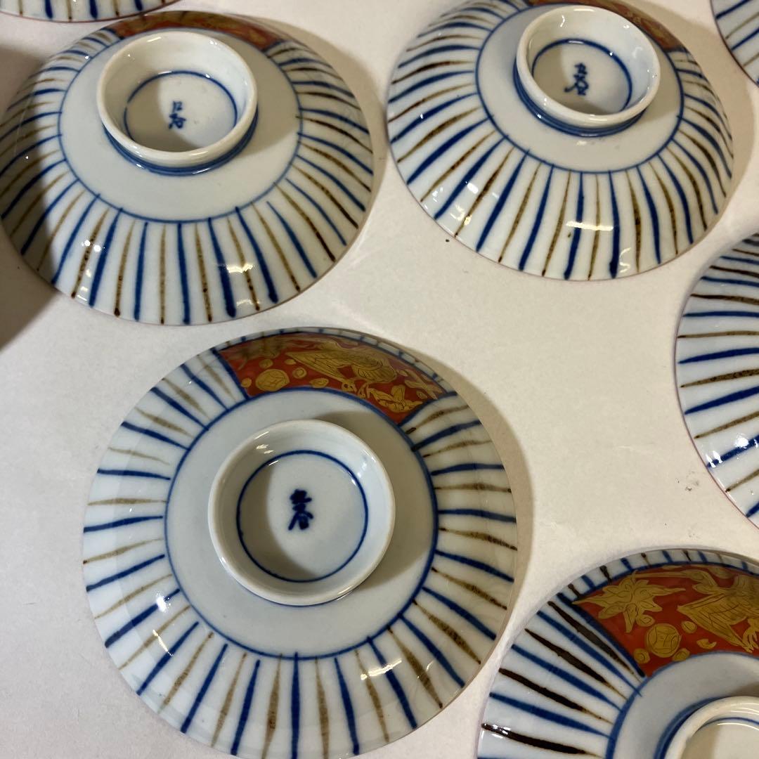 九谷焼骨董蓋付き茶碗７客「赤地金彩麦わら手」