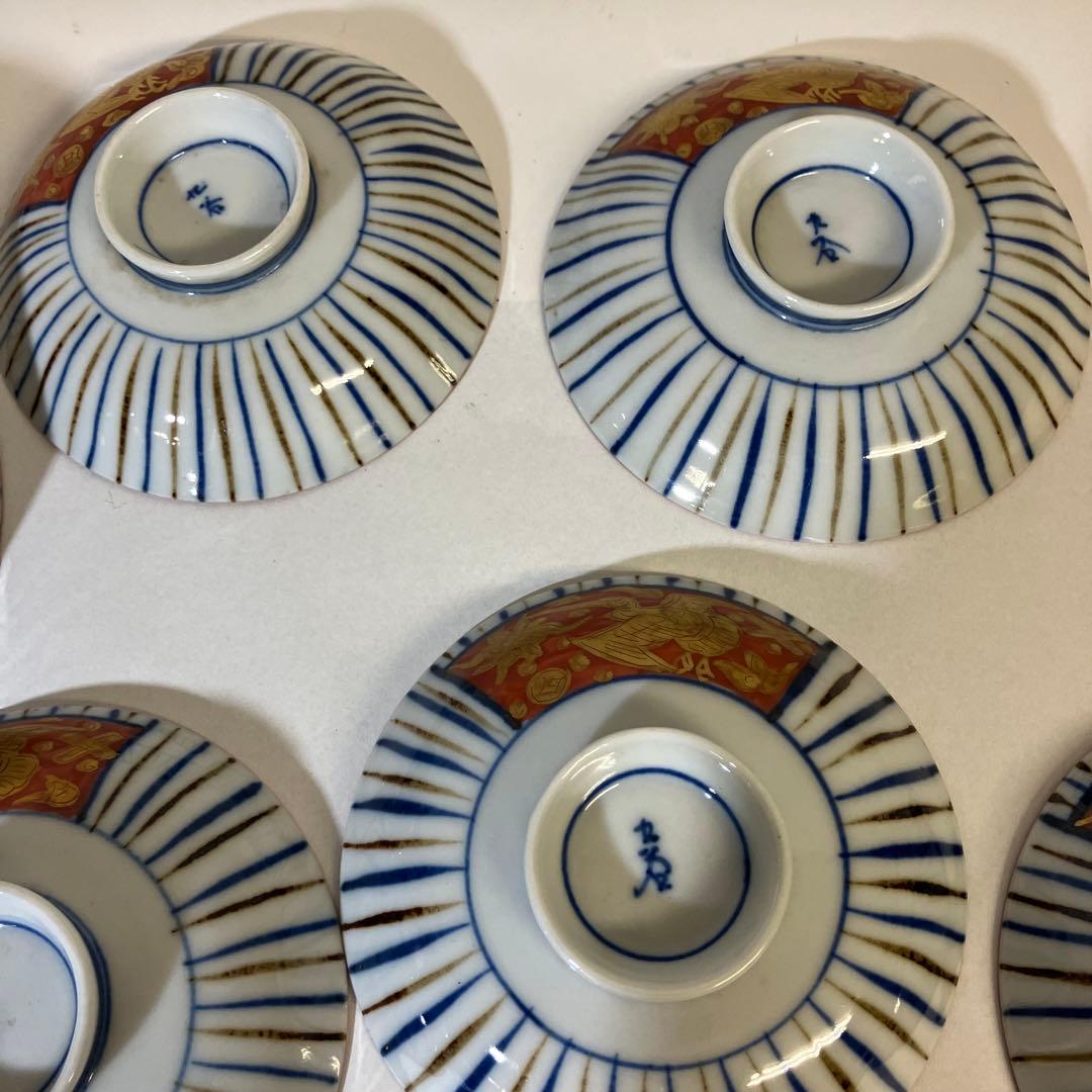 九谷焼骨董蓋付き茶碗７客「赤地金彩麦わら手」