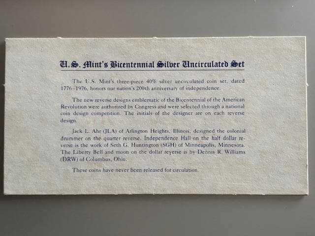 アメリカ銀貨５枚　1976建国200年記念銀貨・1959通常発行銀貨