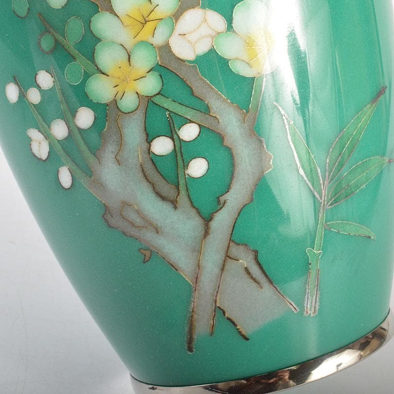 七宝焼　翡翠色　花文　花瓶　唐木台・箱付　V　6415C