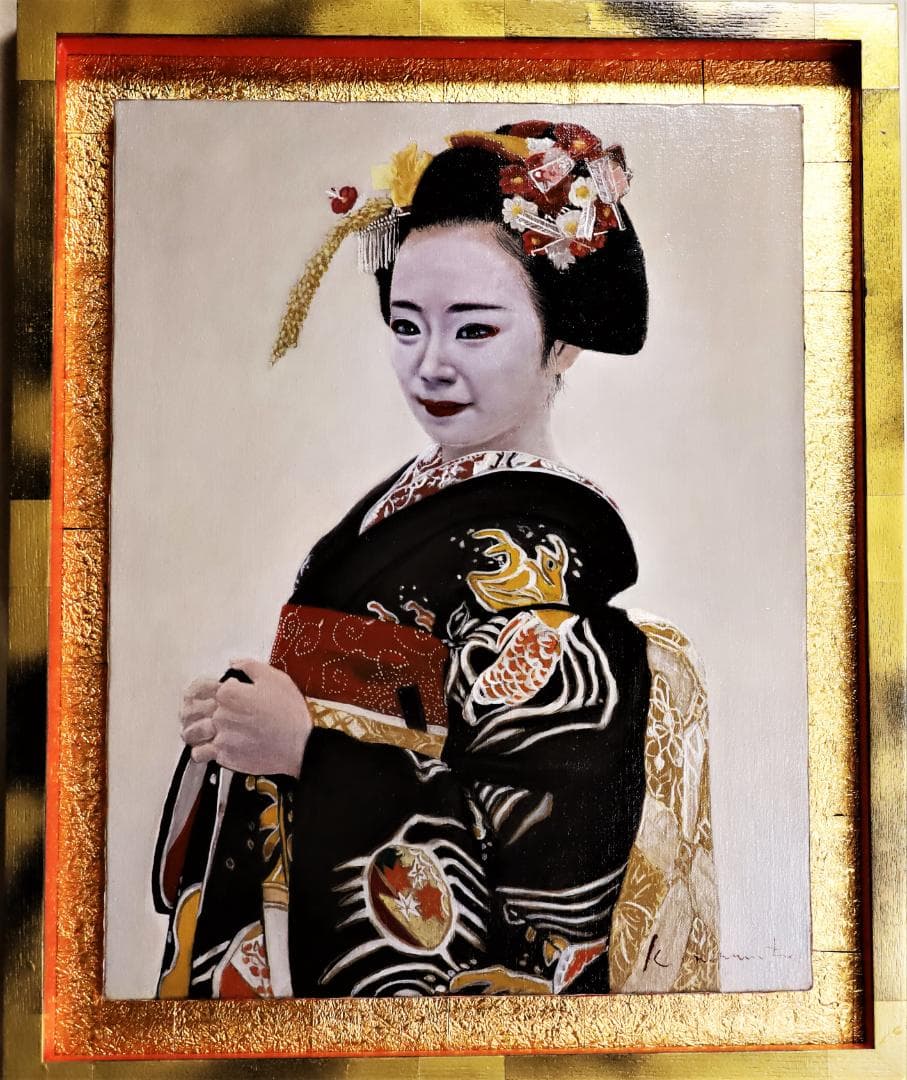 堀川えい子「花椿」日本画F8号直筆サイン・共シール有り