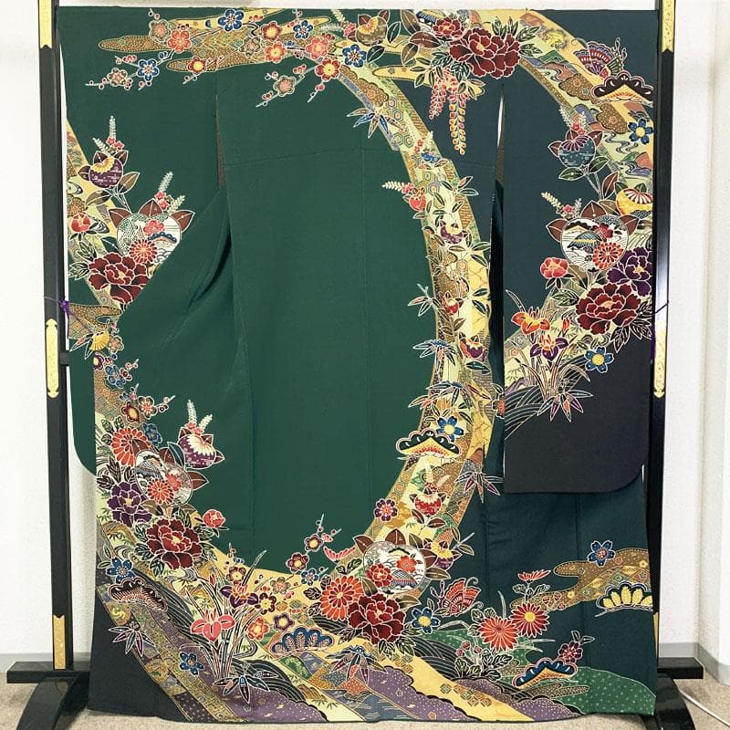 506z23☆きものやまと 紅型振袖 古典柄 ちりめん 緑☆美品 成人式 結婚