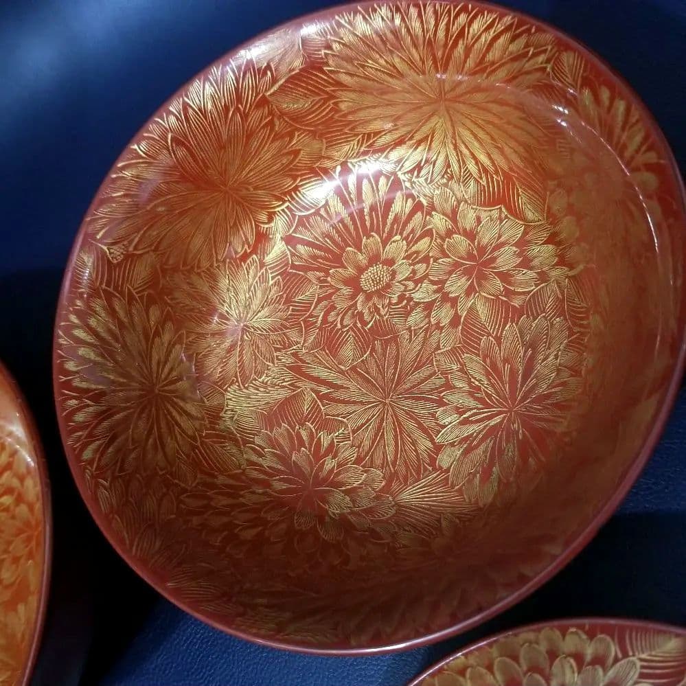 輪島塗　朱漆塗 内総沈金 菊花紋詰 吸物椀 懐石椀 茶道具 金 蒔絵　羽反　2客