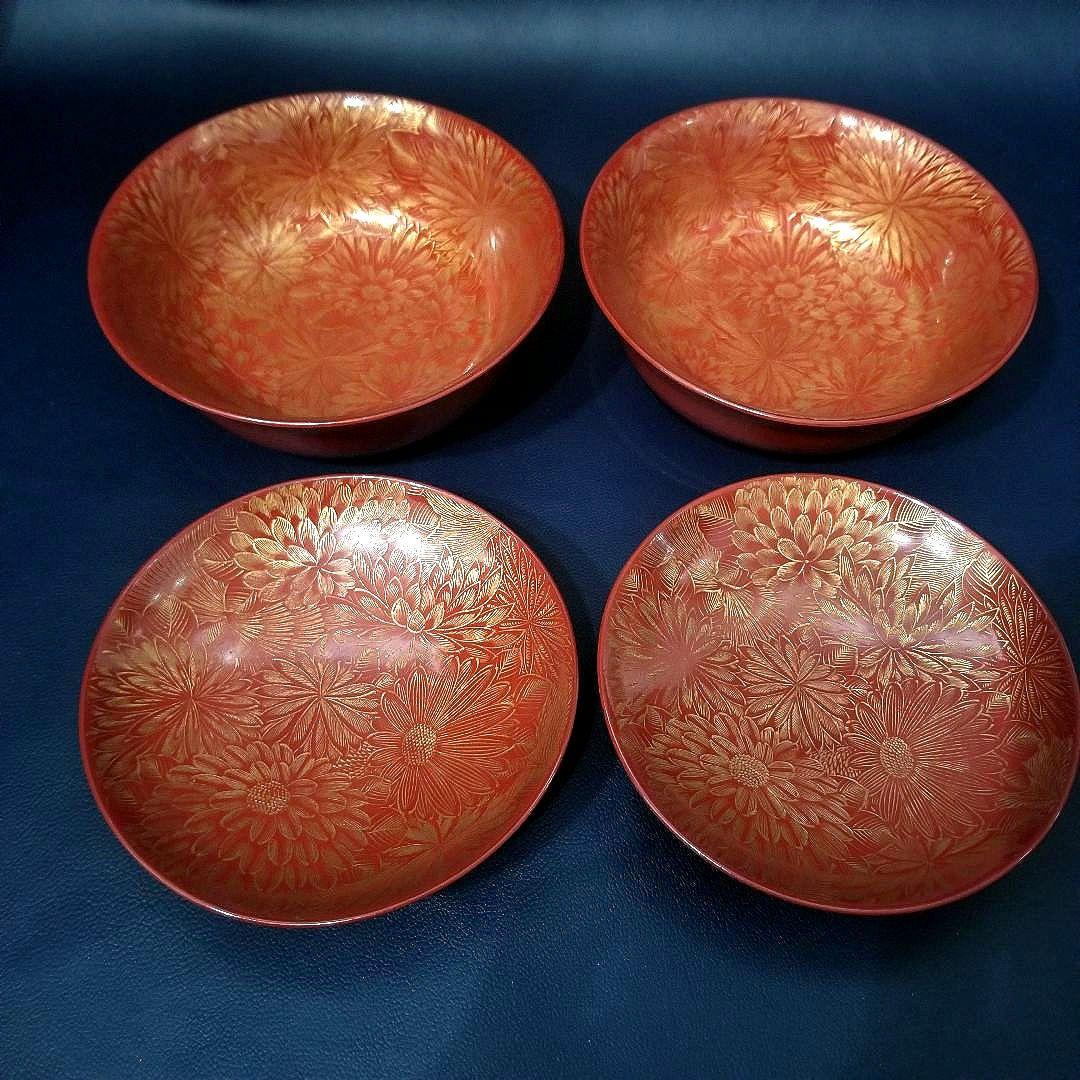 輪島塗　朱漆塗 内総沈金 菊花紋詰 吸物椀 懐石椀 茶道具 金 蒔絵　羽反　2客