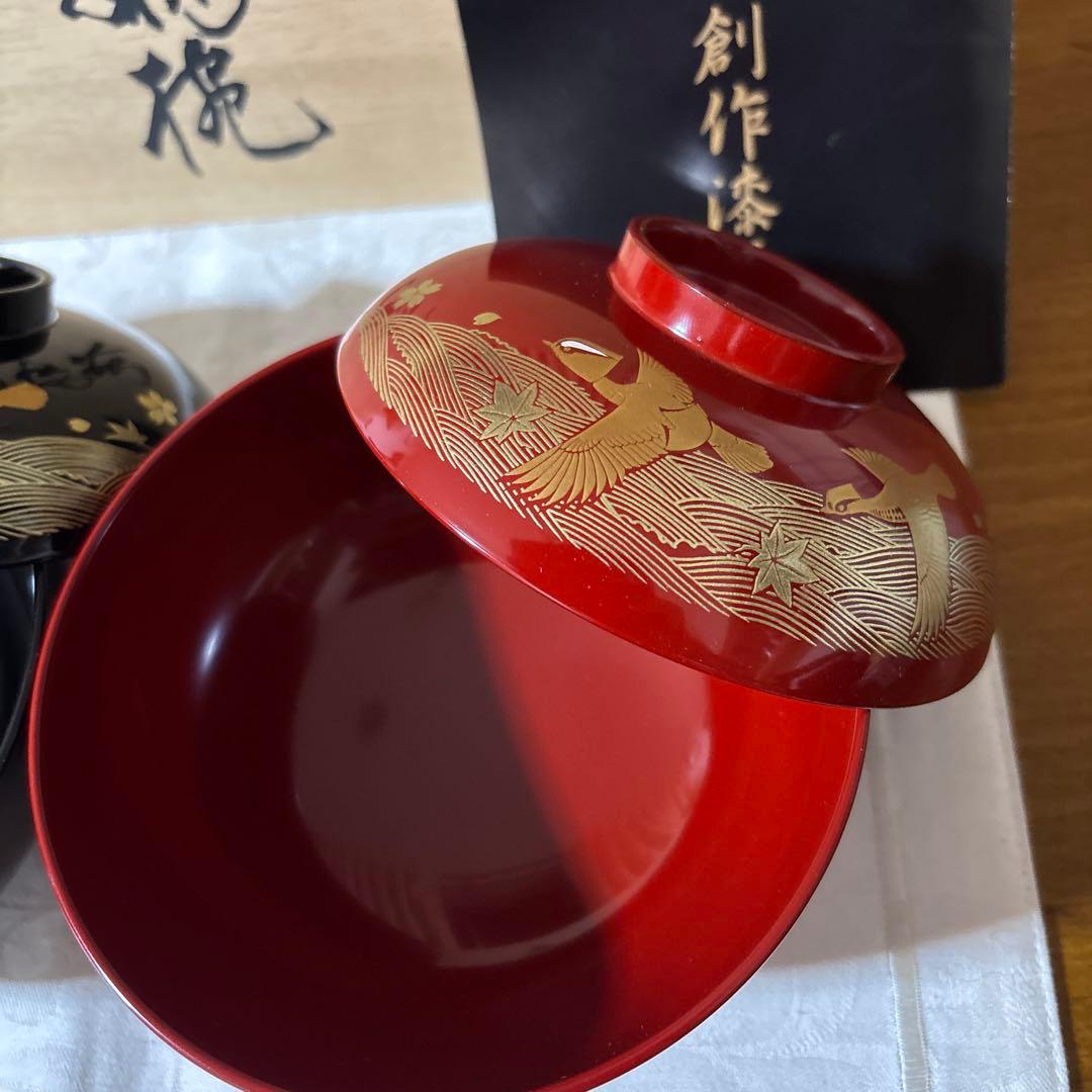 輪島塗 濱田屋 蓋付 椀 お椀 天野誠作 金彩 鶴　金蒔絵 木箱付 ペア 吸椀