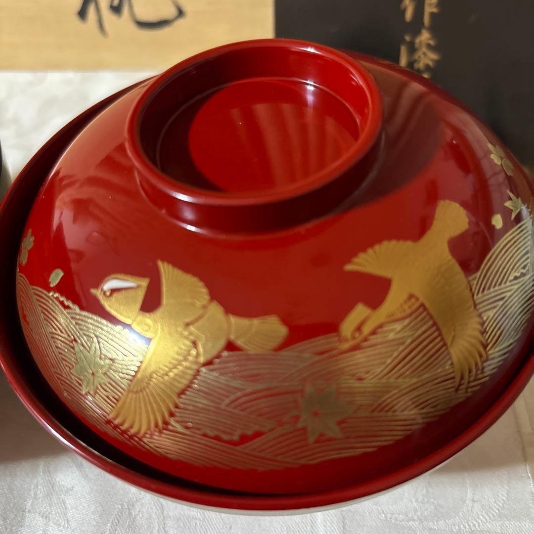 輪島塗 濱田屋 蓋付 椀 お椀 天野誠作 金彩 鶴　金蒔絵 木箱付 ペア 吸椀