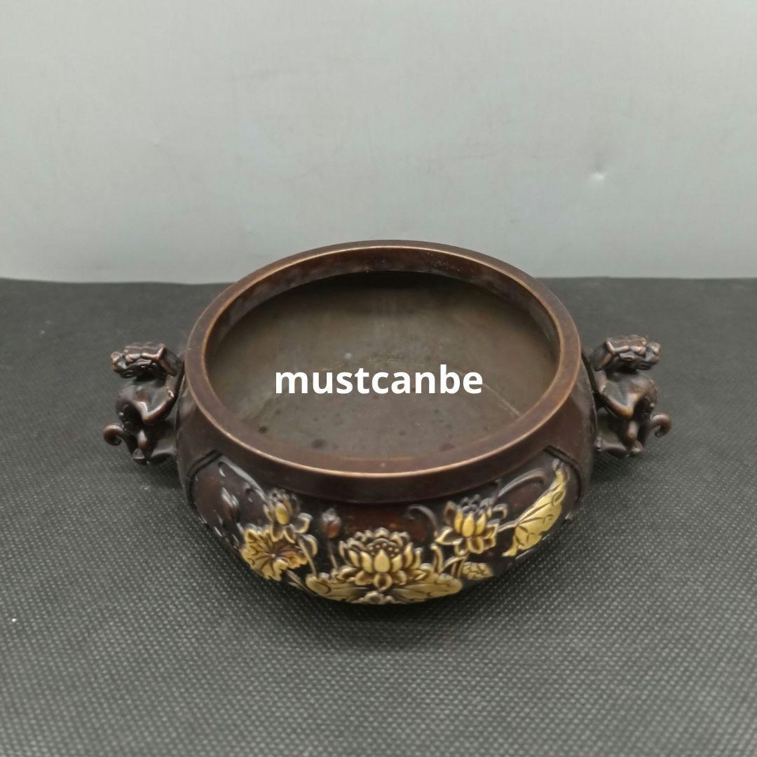 銅器 香炉 瑞獣双耳蓮葉蓮華香炉 仏堂供養炉 挿し香炉 香道具 工芸品 置物