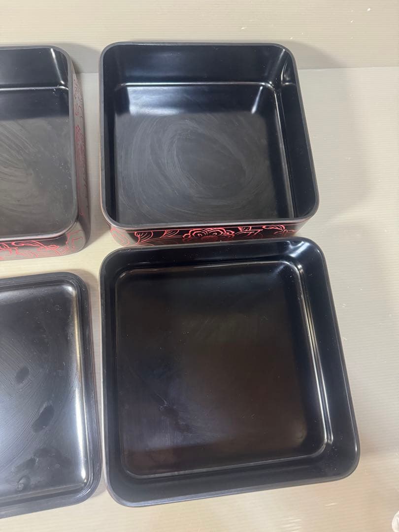 2546 越前塗　骨董　三段重箱 漆 漆器 泥朱 牡丹彫