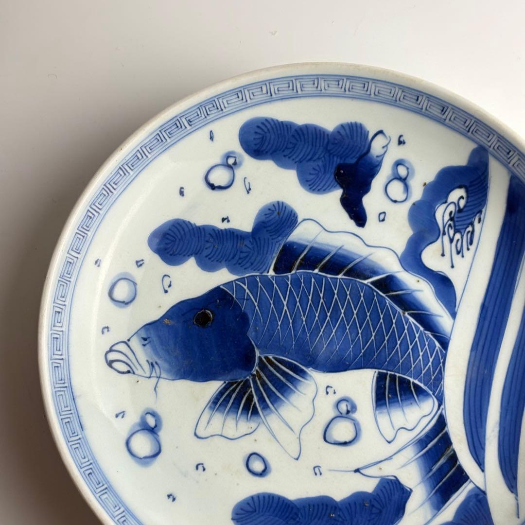 伊万里 染付 魚文 丸皿 骨董 皿 飾皿 絵皿 アンティーク