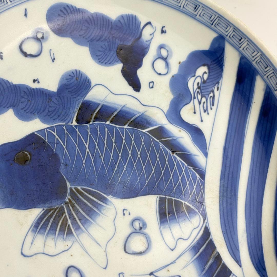 伊万里 染付 魚文 丸皿 骨董 皿 飾皿 絵皿 アンティーク