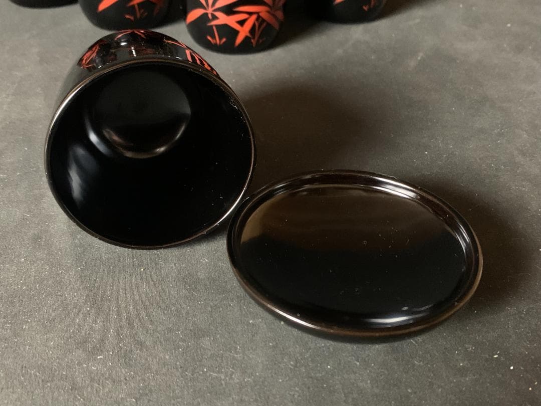 輪島塗 塩安製 朱竹文 天然木 黒塗 箸洗 小吸物椀 10客 共箱 茶懐石道具