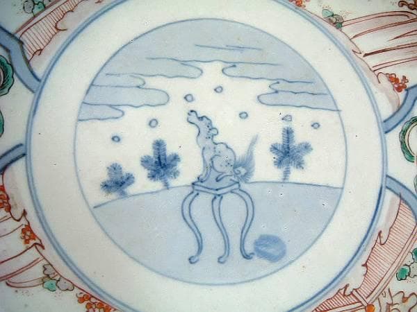 鉢■古い伊万里赤絵大鉢 窓犬紋 獅子 人物 唐草 鳥 骨董(江戸後期～明治期)■