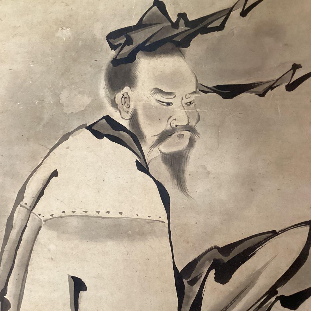 狩野休圓筆　紙本水墨画　【　静波　剣乗賢人図　】71歳作　掛軸一幅　模写　154