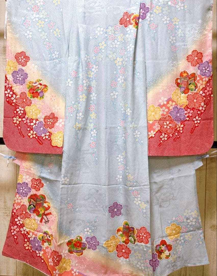 正絹　七五三　7歳　水色　ピンク　女の子　フルセット　一式