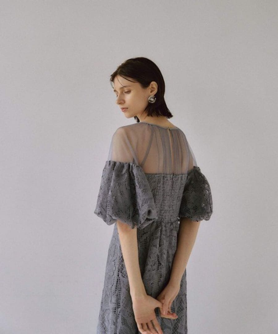 新品　LE'RURE パフスリーブレースドレス　ワンピース　M グレー　結婚式