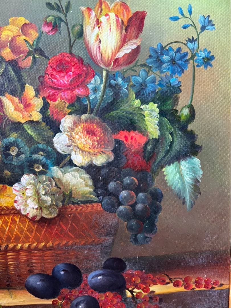 【油絵 / 模写 】 果実と花 絵画 額縁 壁掛け 絵 花 果物