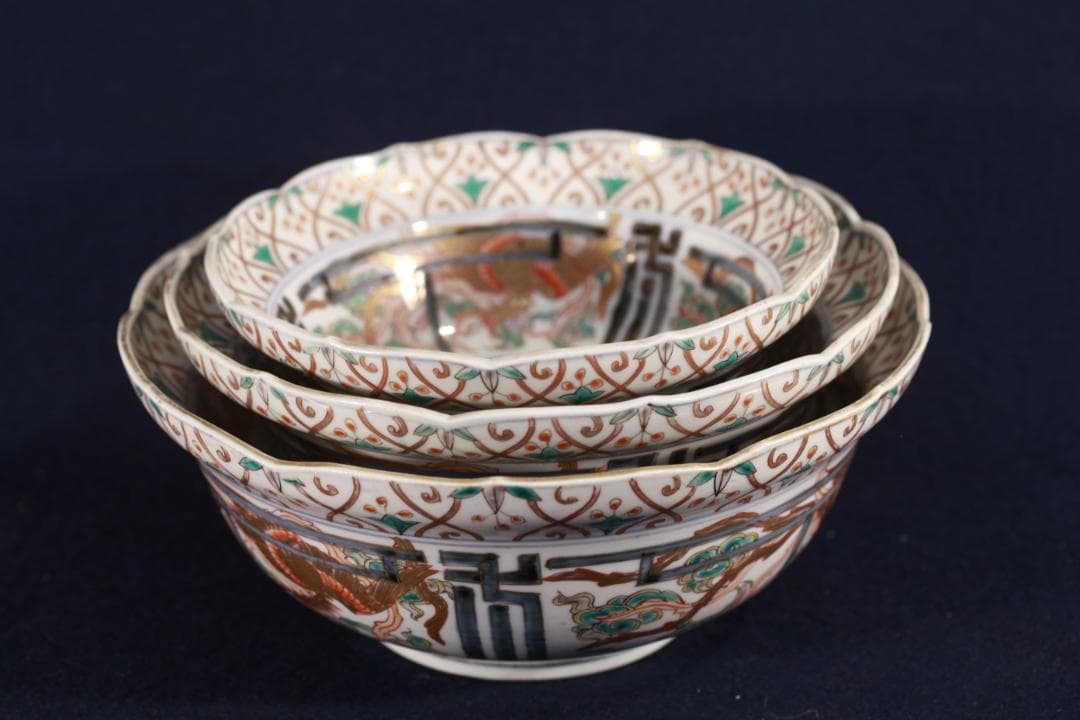 江戸時代□古伊万里 三つ重ね どんぶり 正月 033 古伊万里 色絵3つ